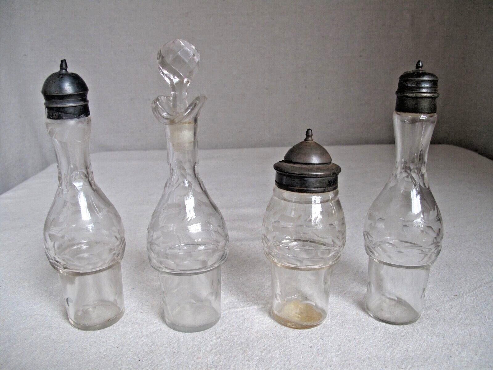 Antique SP Reed & Barton Cruet Castor Set Bell 4 Cut Glass Etched Bottles