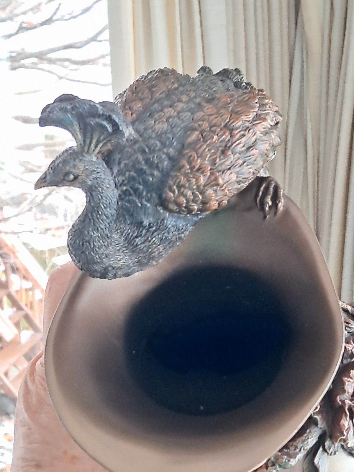 Bronze Style Prunus And Peacock Large Decorative Flower Vase ~ 19.5" Signed