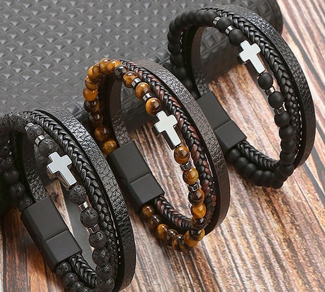 Men Braided Leather Bracelet Stainless Steel Christian Bangle