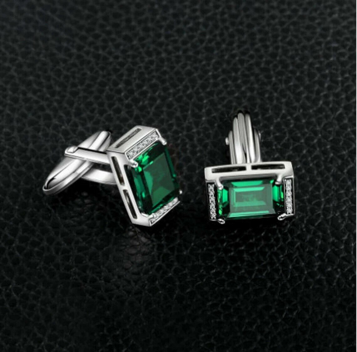 3 CT Emerald Cut Lab Created Green Emerald Men's Cufflink 14K White Gold Plated.