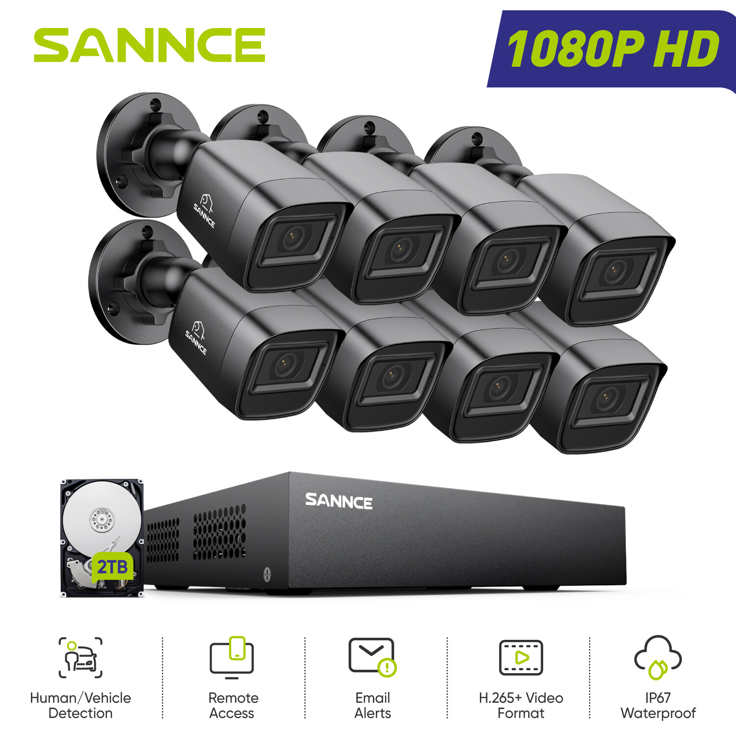 SANNCE 5in1 8CH DVR 1080P Video CCTV Security Camera System Outdoor AI Detection
