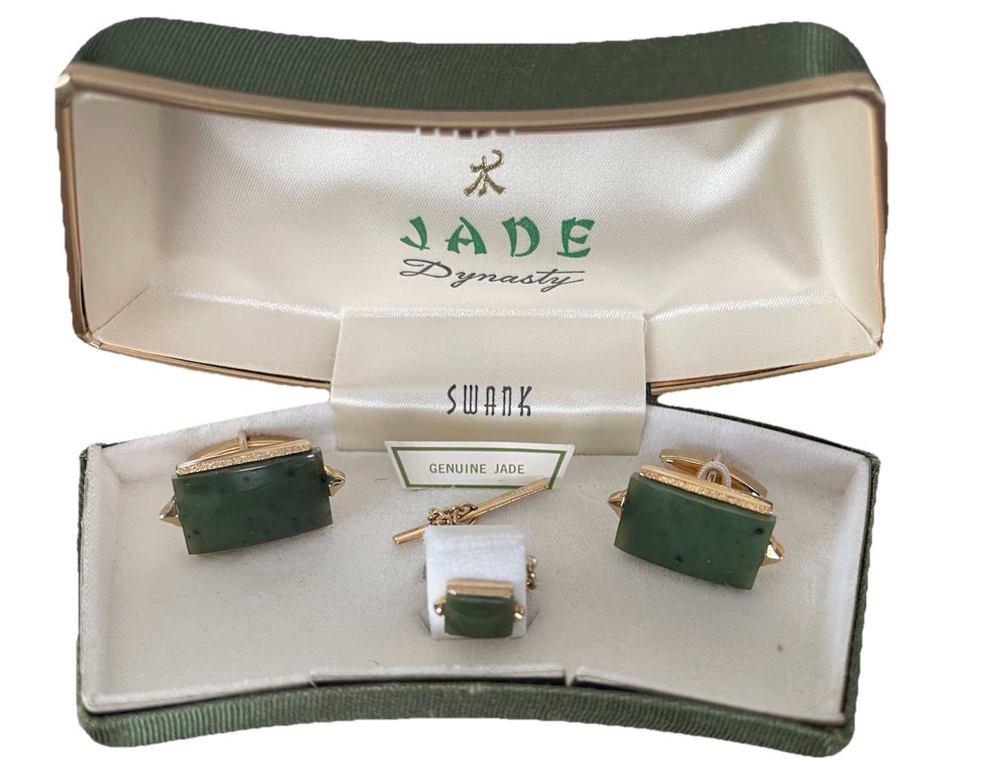 Swank Jade Dynasty Cuff Links Tie Bar Set Jade Cabochons With Original Box