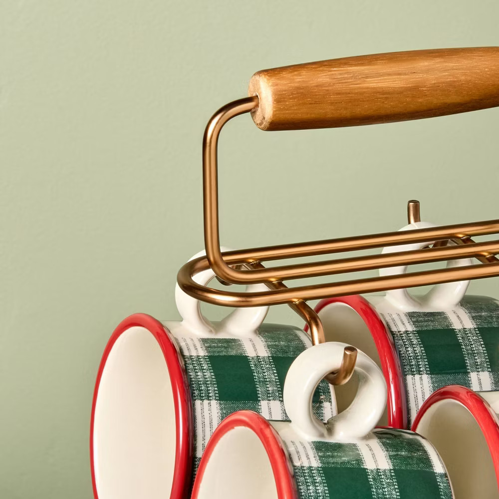 9pc 6.5oz Stoneware Reactive Glaze Hot Cocoa Caddy Green/Cream Plaid - Hearth