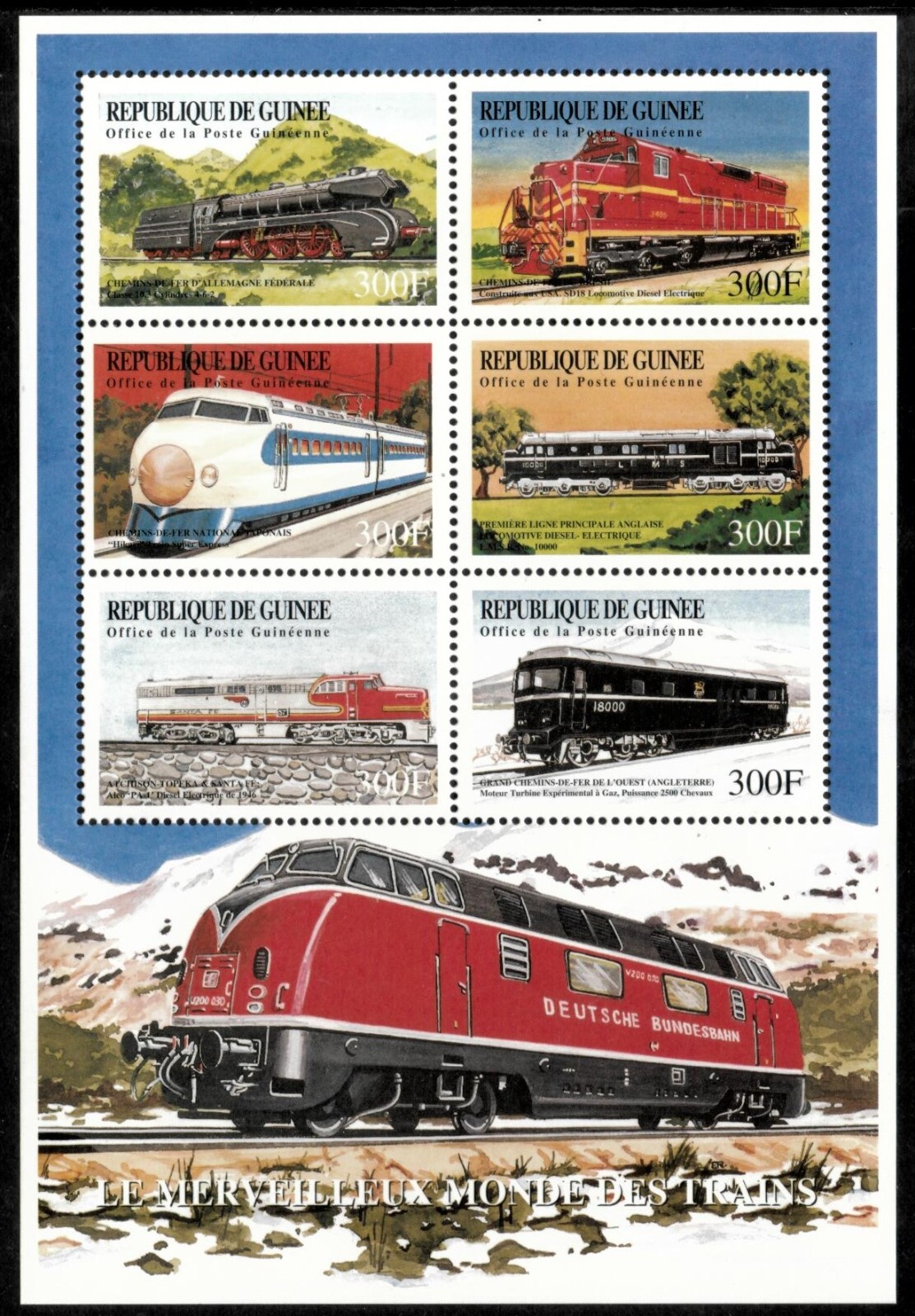 Guinea 1999 - Trains - Sheet of 6 Stamps - Scott #1545 - MNH