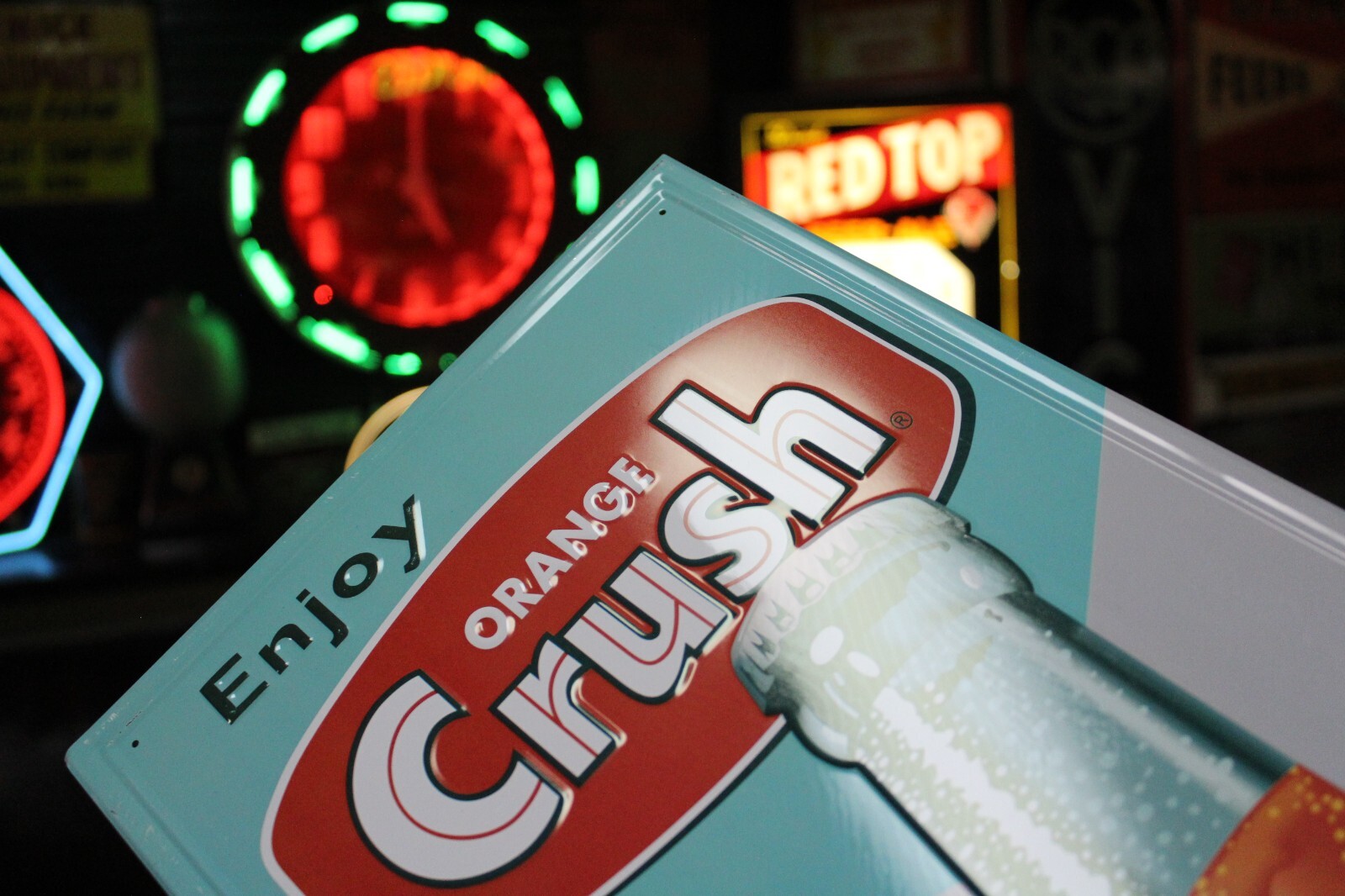 RARE ENJOY ORANGE CRUSH SODA POP VERTICAL EMBOSSED METAL SIGN BOTTLE STORE GAS