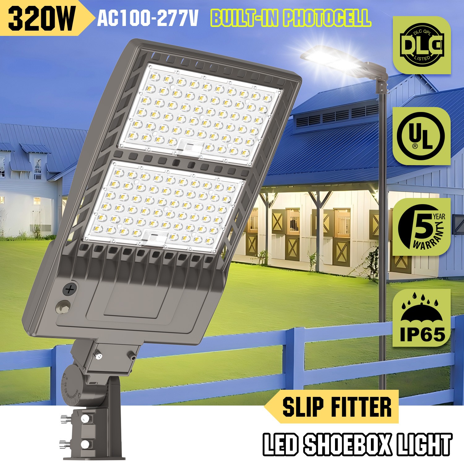 320W LED Parking Lot Light with Dusk-to-Dawn Photocell Commercial Street Lights