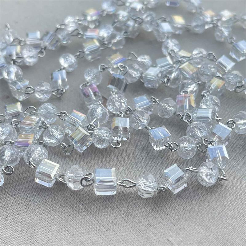 Crystal AB Cube Rondelle Beaded Rosary Silver Eyepin Chain 8mm Q2ft per Pkg