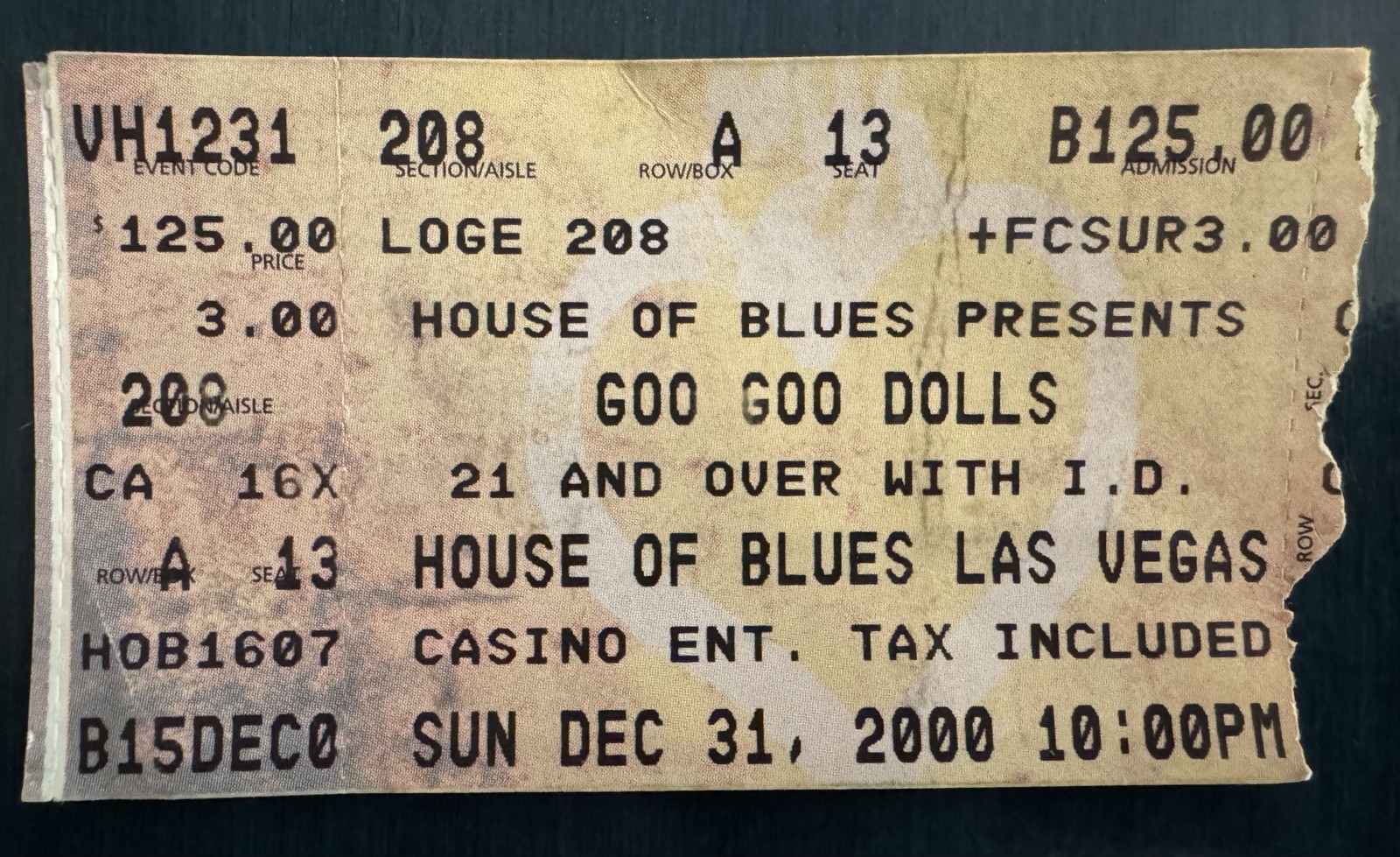 GOO GOO DOLLS Used Concert Ticket Stub HOUSE of BLUES Las Vegas, NV NYE 2000