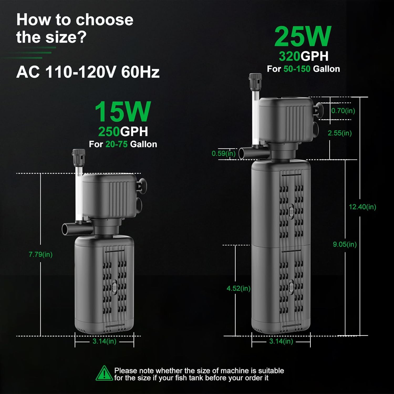 40-150 Gallon Internal Aquarium Filter, 4-In-1 Submersible Power Fish Tank Filte