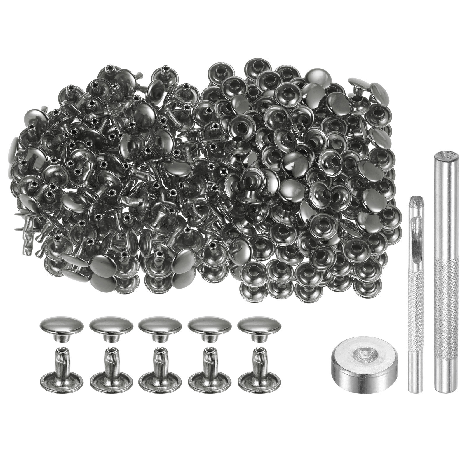 200 Sets Leather Rivets 9mm x 8mm Metal with 3 Setter Tools Gunmetal