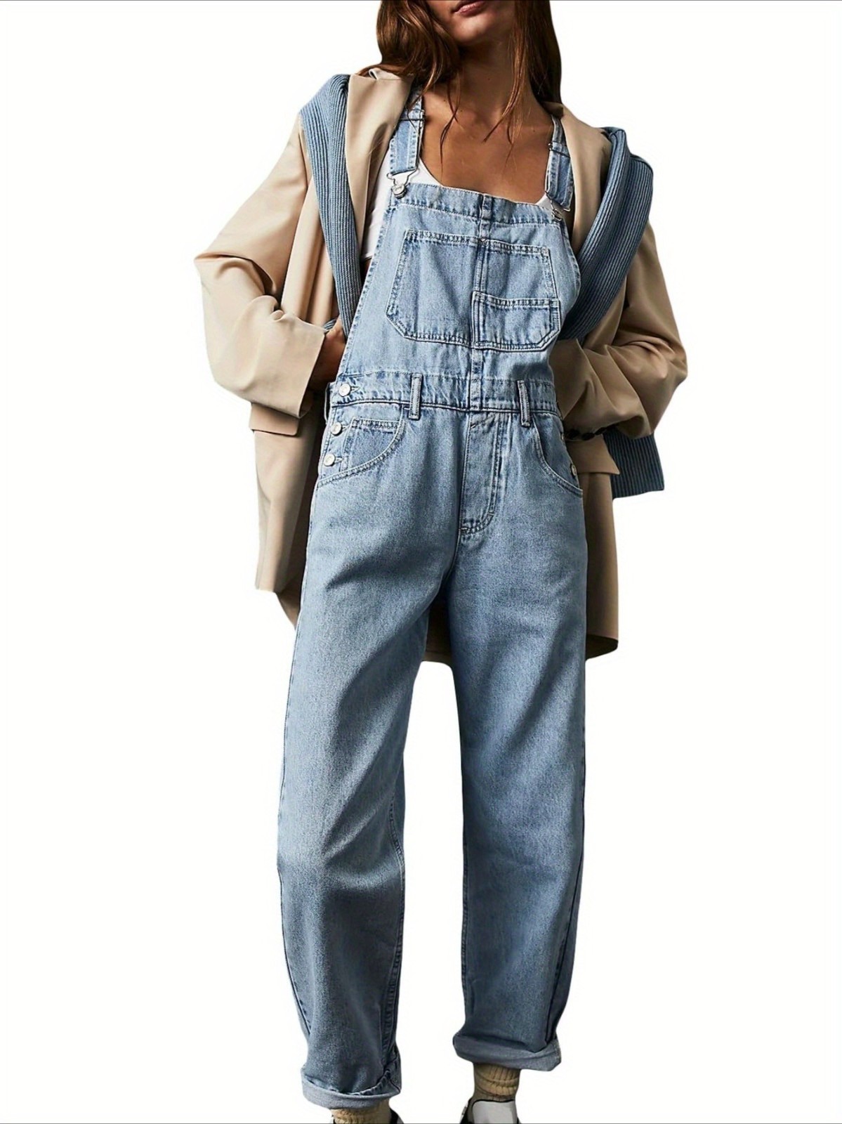 women's loose denim overalls (elastic straight leg wide leg, fashionable style)