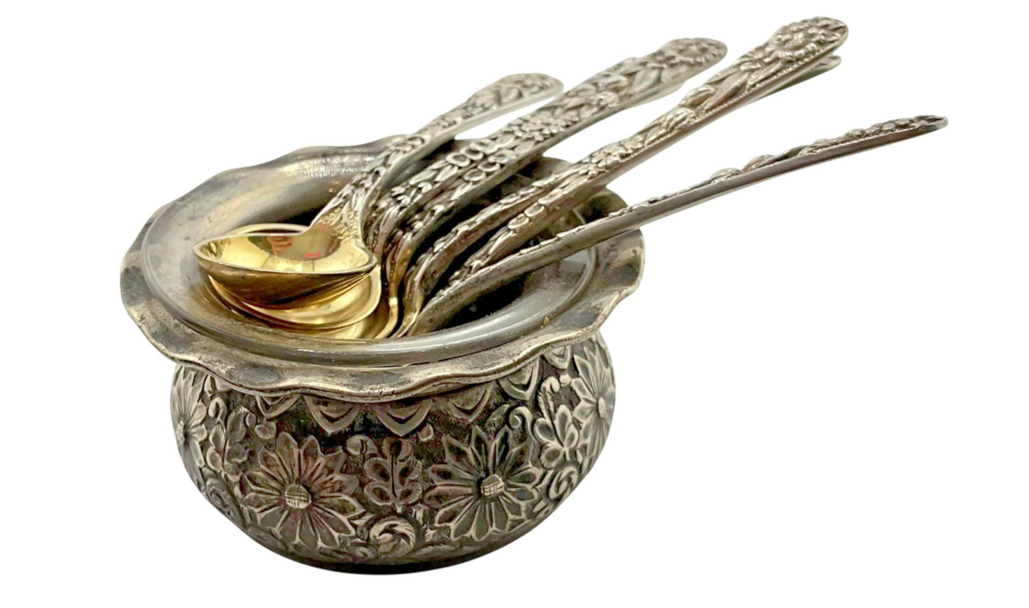 S Kirk & Son Sterling Silver Repousse Salt Cellar + 6 Spoons - 925 Sterling