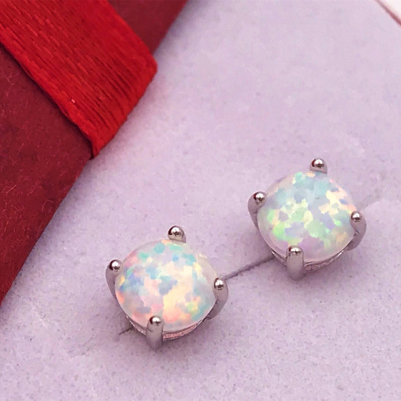 Cute Mini White Fire Opal Earrings Silver Filled For Women