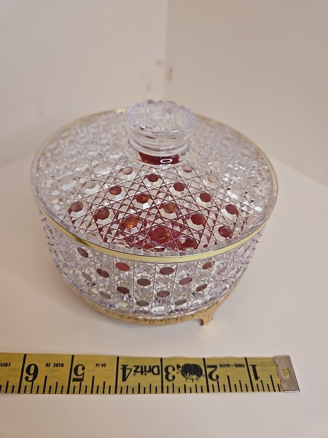 Vintage Avon Powder Box Hollywood Regency Cut Crystal Plastic w Red Puff Vanity
