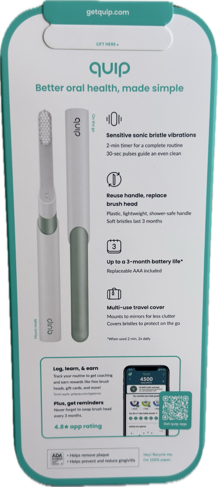 3 Pk Quip 920-00266 Metal Sonic Electric Toothbrush Sage Green (New/Unused)