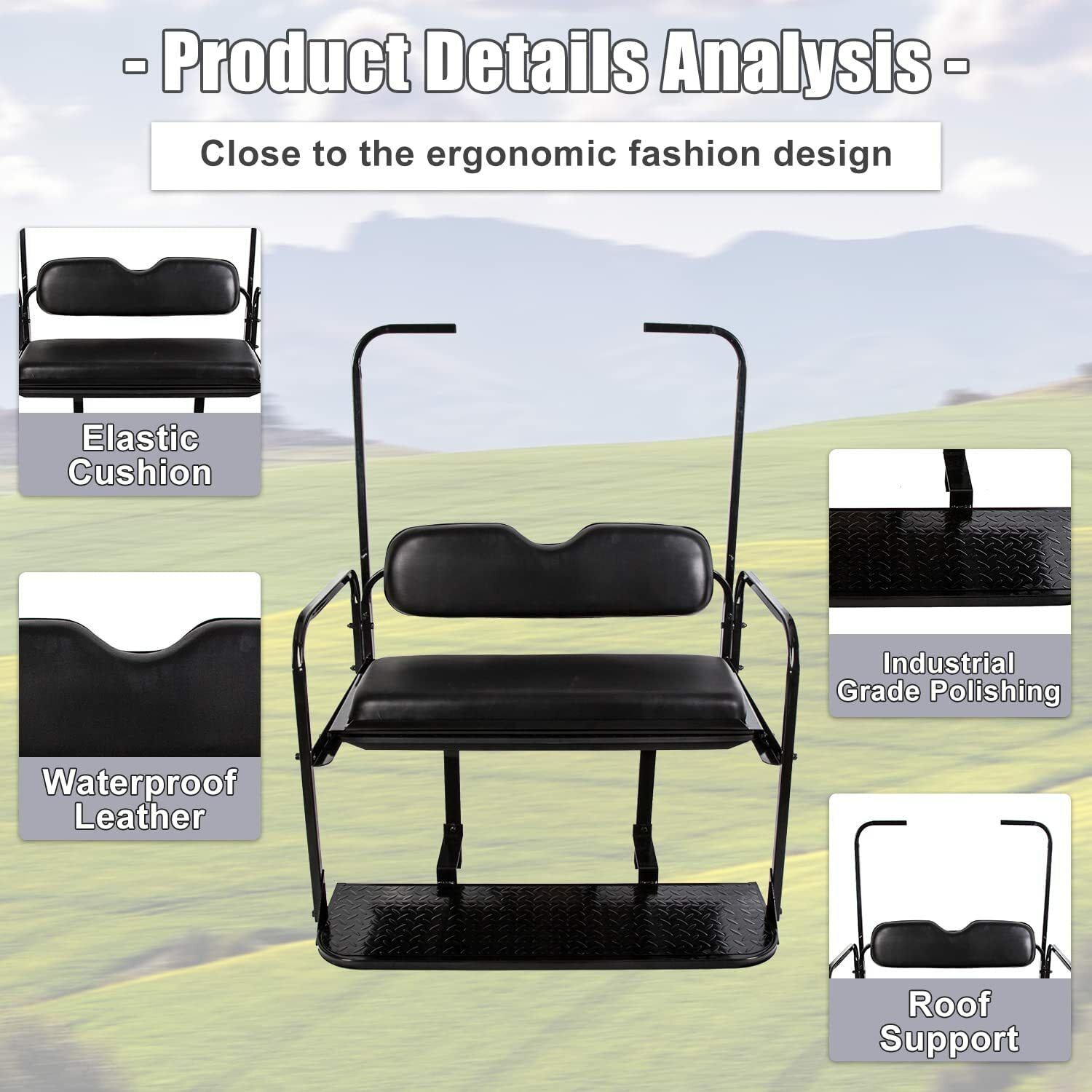 For EZGO TXT Golf Cart Flip Folding Rear Back Seat with Roof Support Kit - Black