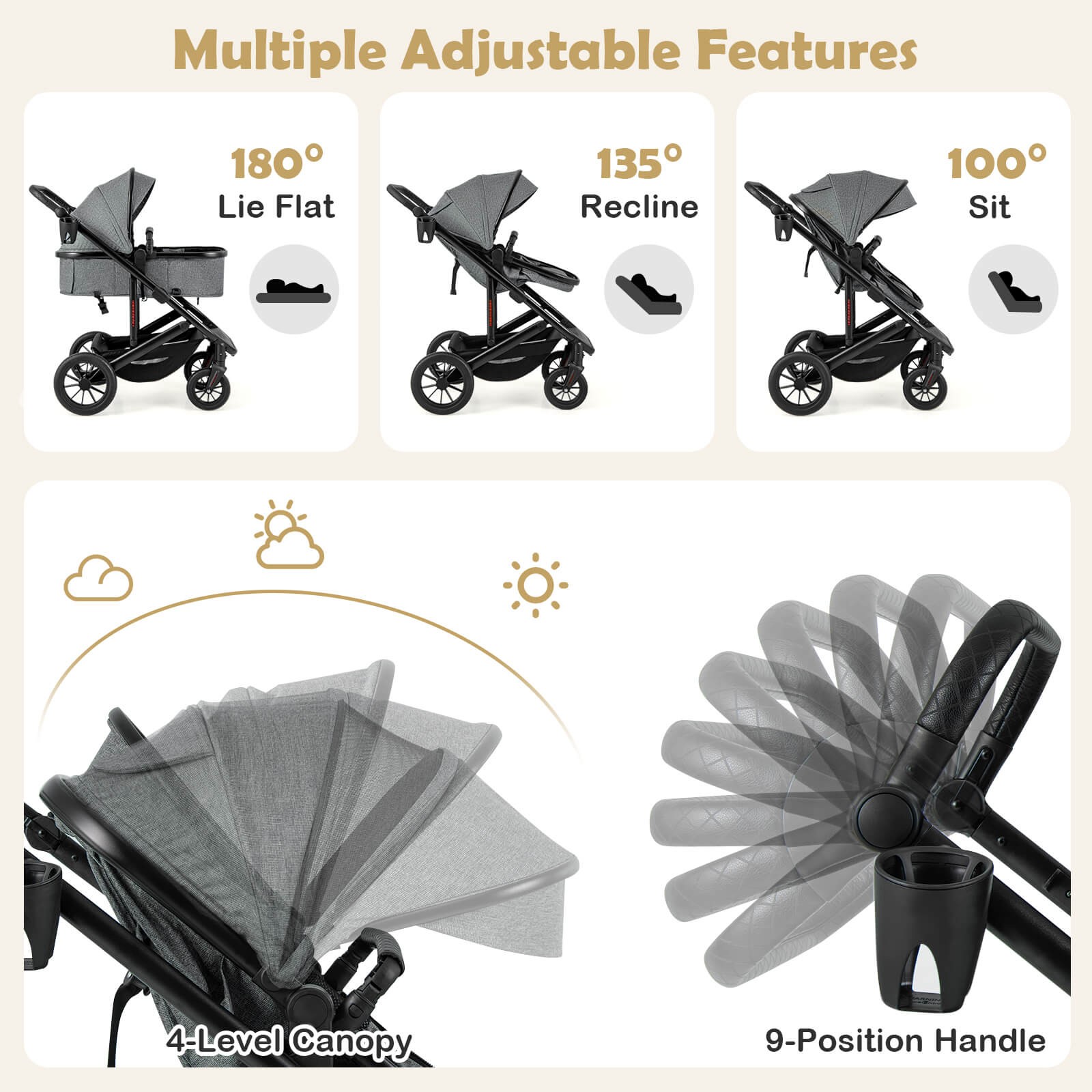 3-in-1 Newborn Stroller Folding Convertible High Landscape Toddler Stroller