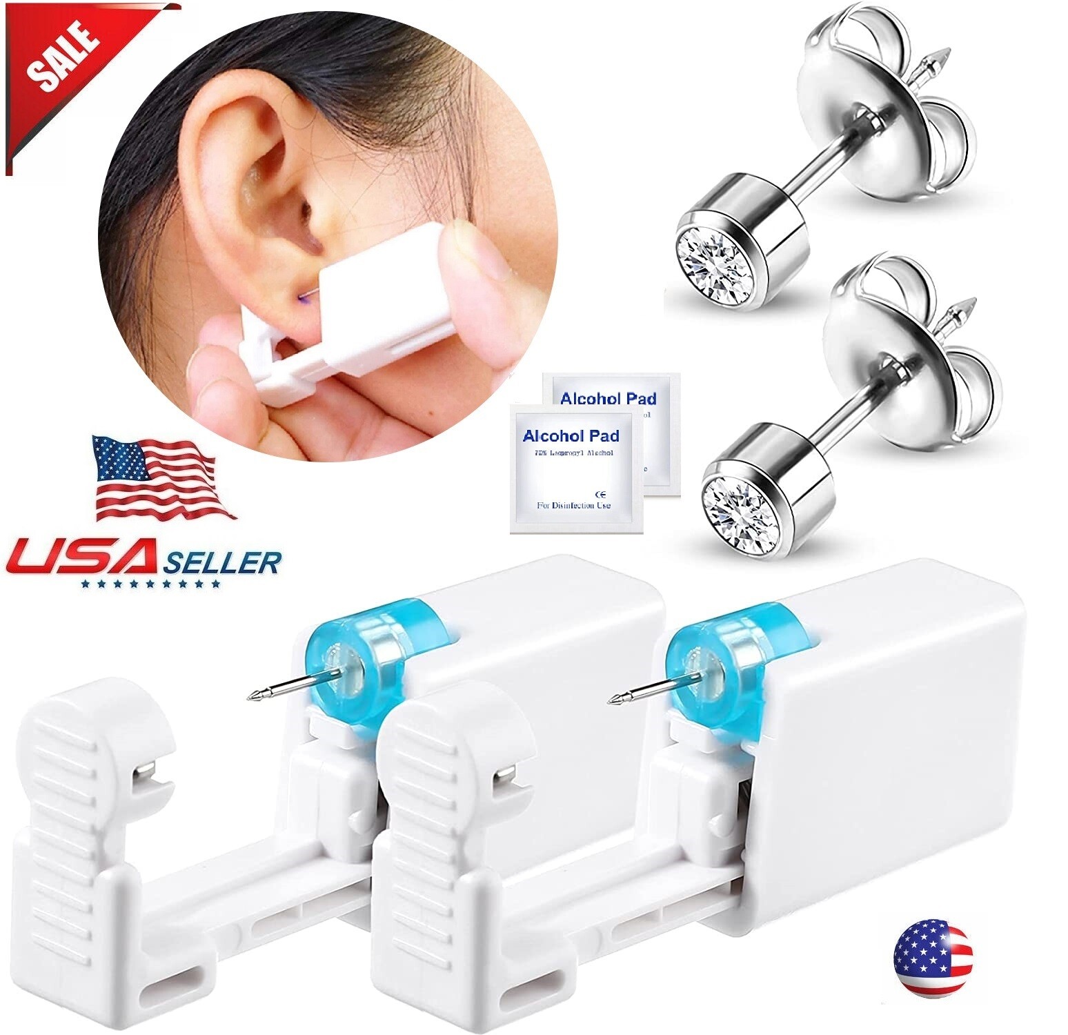 6× Ear Piercing Disposable Kit Silver Stud Earring Gun DIY Home Self Ear Sets US