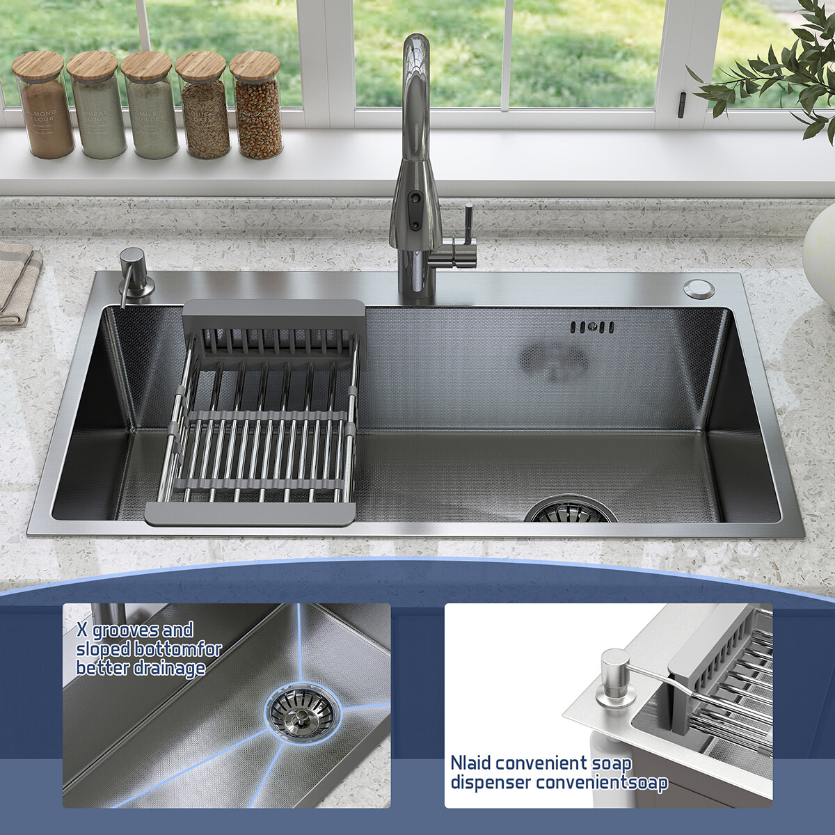 Drop In Kitchen Sink Stainless Steel Single Bowl Sinks with Faucet 28/30/32 Inch