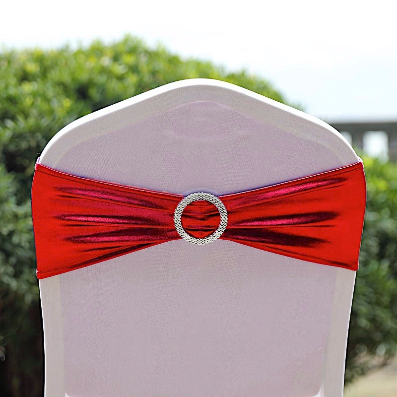 10 Red Metallic Spandex Chair Sashes with Silver Buckles Wedding Decorations