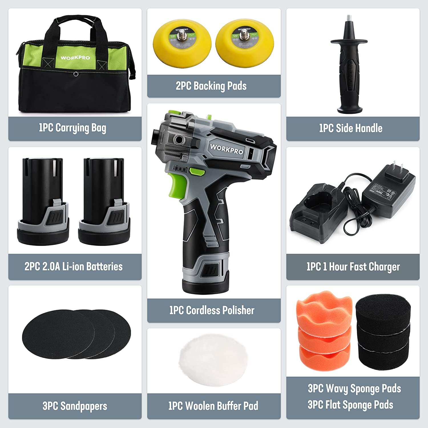 WORKPRO 12V Cordless Polisher 3" Mini Car Detailing Buffer & Sander Machine Kit