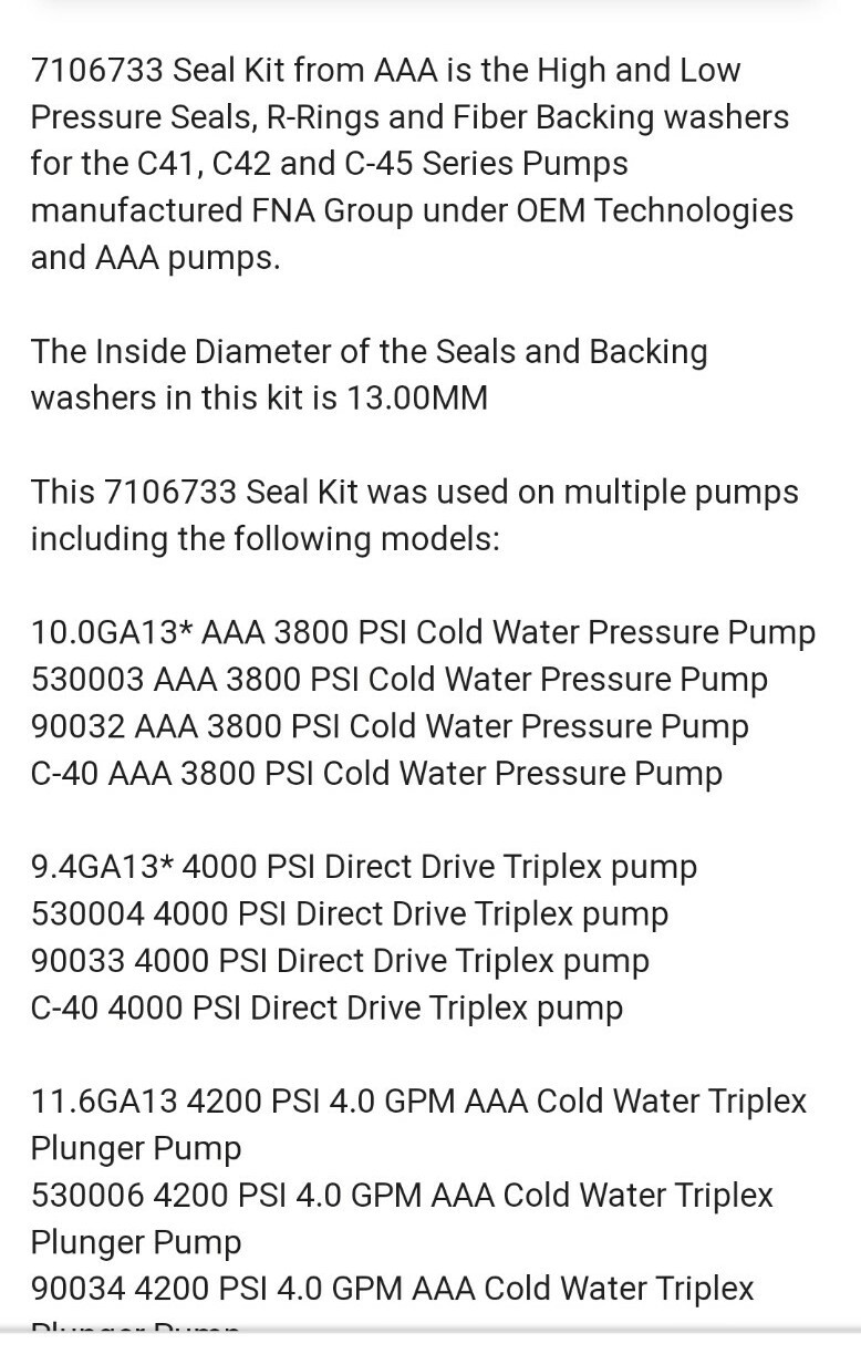 DeWALT 7106733 SIMPSON OEM AAA PRESSURE WASHER SEAL KIT FITS 530003