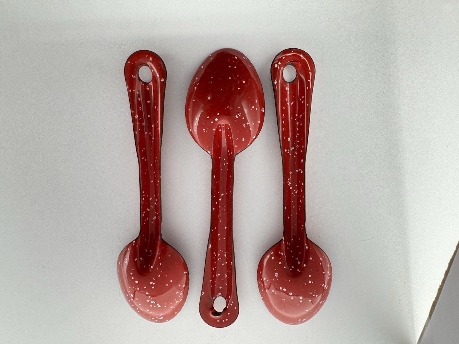 RED Speckle 6" SPOONS 3 pc Lot Vintage Enamel Metal Enamelware Camping Speckled