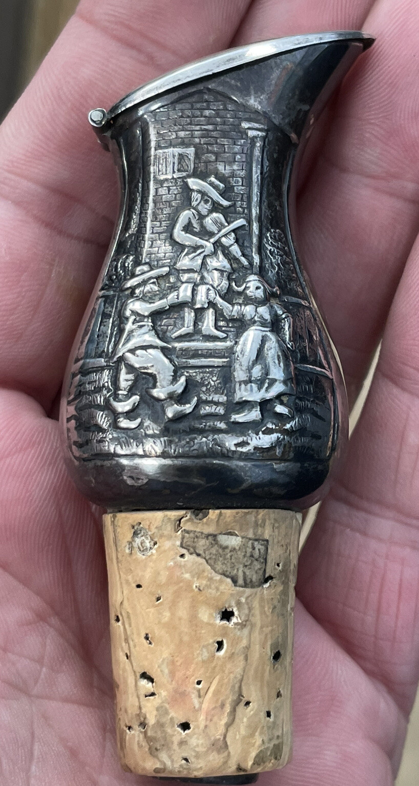 Antique Silver Plate Ornate Danish Wine Decanter Bottle Stopper Pourer