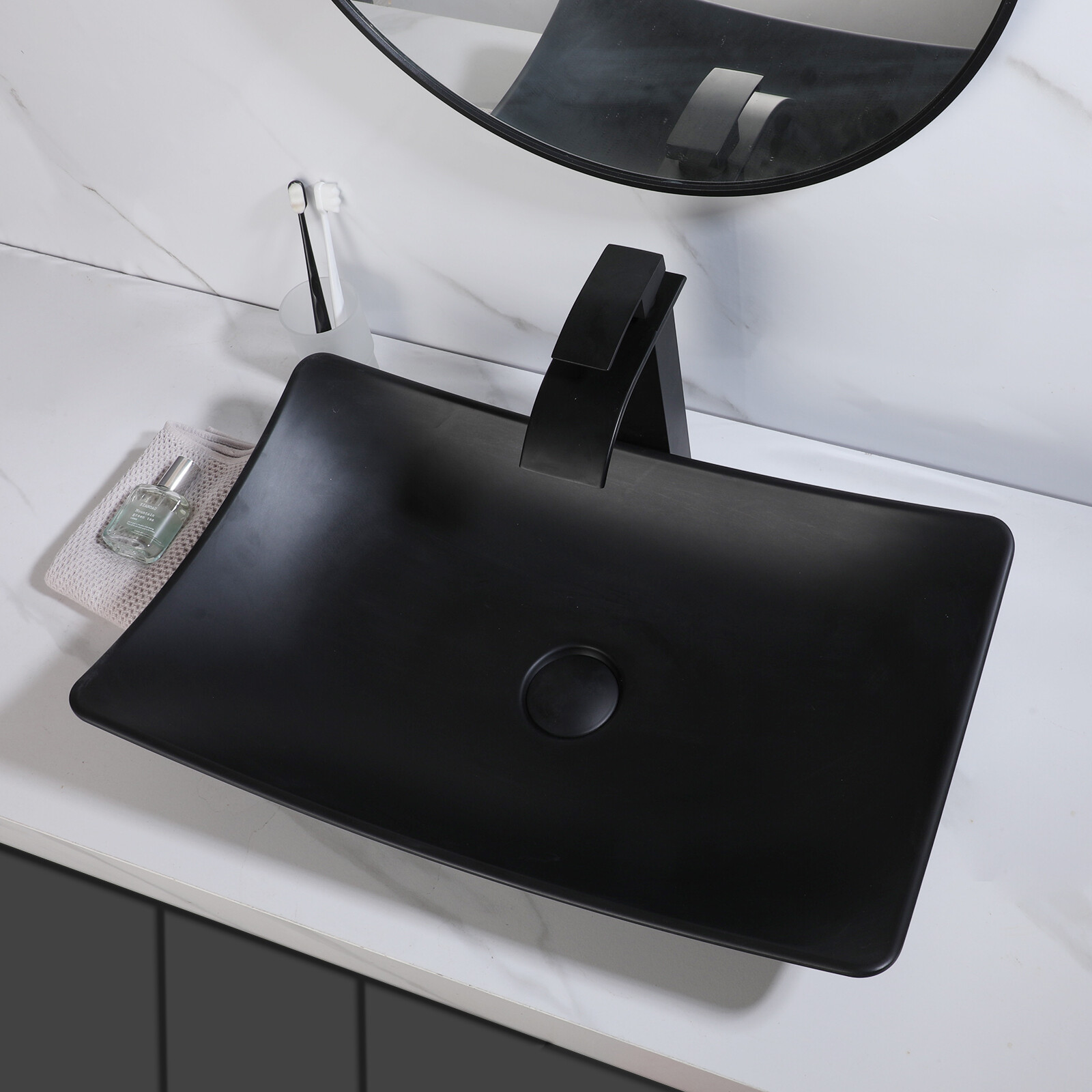 22.6inch Bathroom Vessel Sink Rectangle Resin Basin Bowl &Faucet And Drain Set