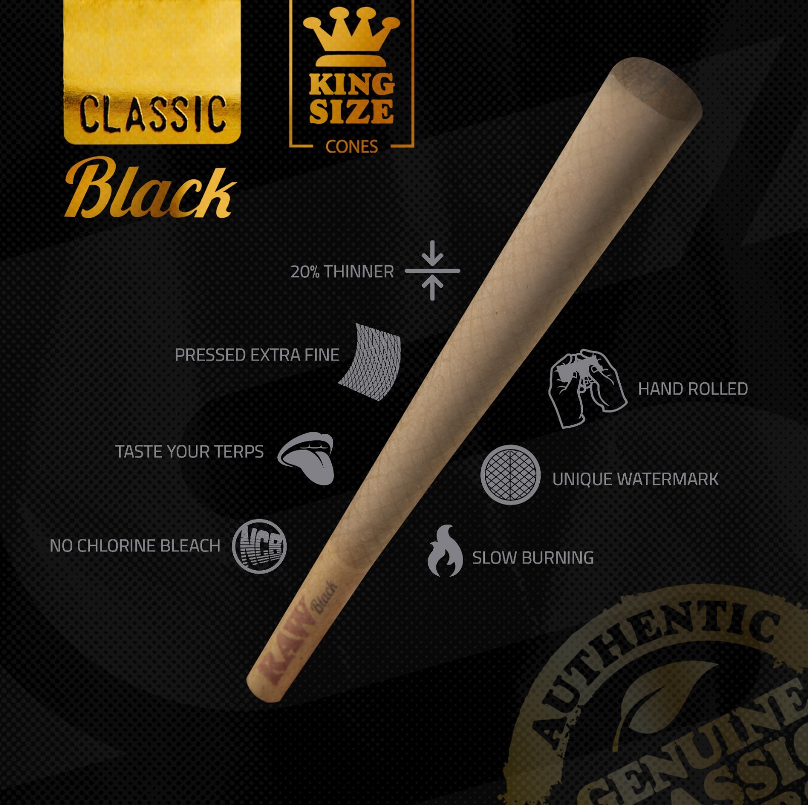RAW Cones Classic Black King Size | 100 Pack | Natural Pre Rolled Rolling Paper