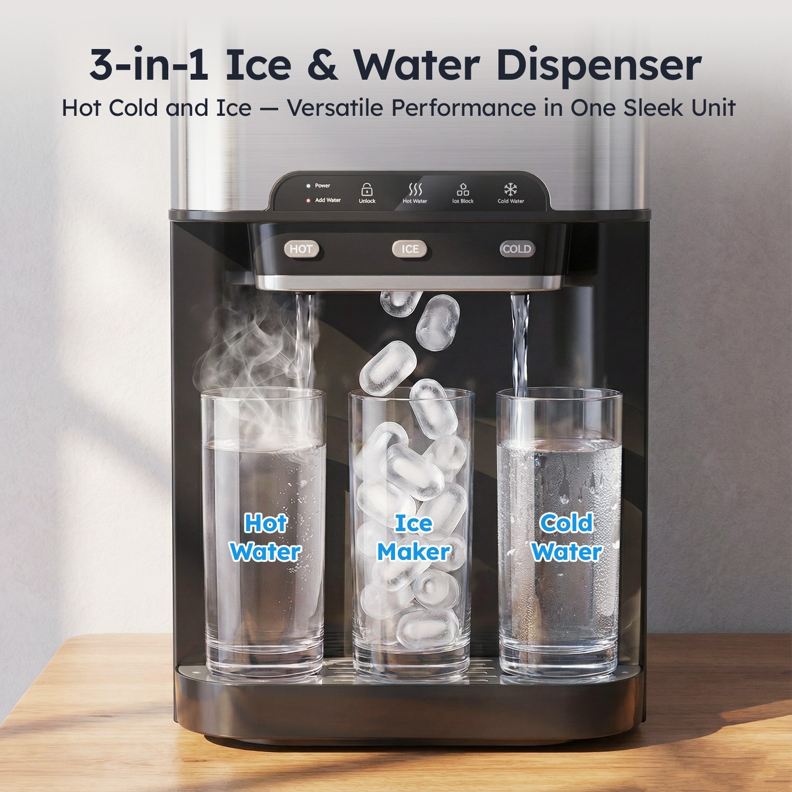 3 in 1 Countertop Ice Cube Maker 44lbs/Day with Water Dispenser Combo Machine