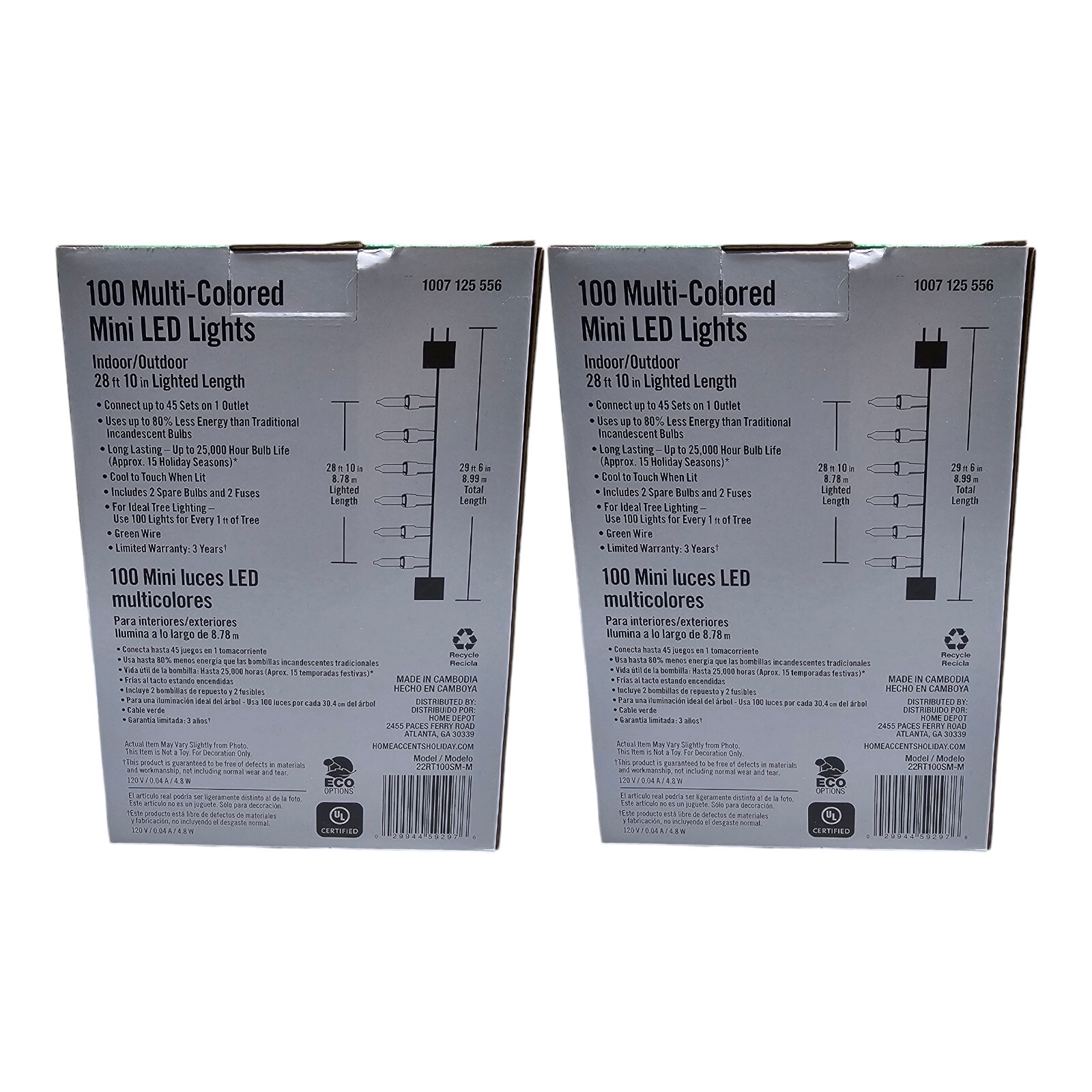 2x Home Accents 100 Multi Colored Mini LED Lights Indoor/Outdoor - Green Wire