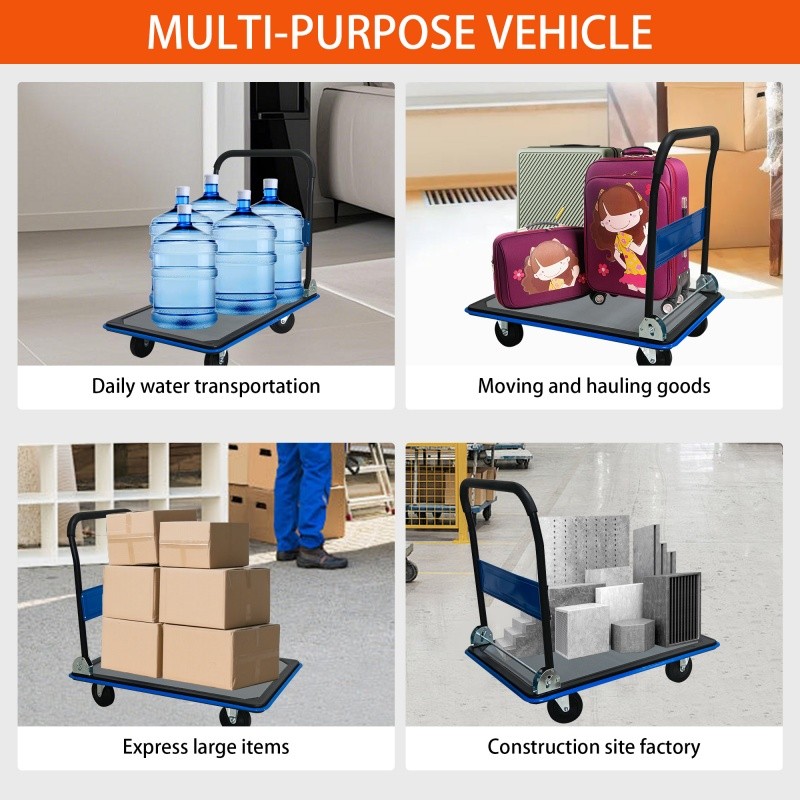 660lbs Flatbed Cart, Blue Foldable Cart Dolly 35.4"X23.6" Platform Hand Truck