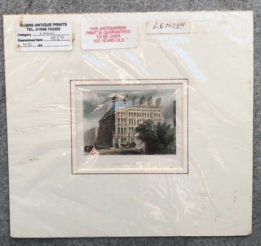 Original Antique small matted print 1850 Lowndes Square London