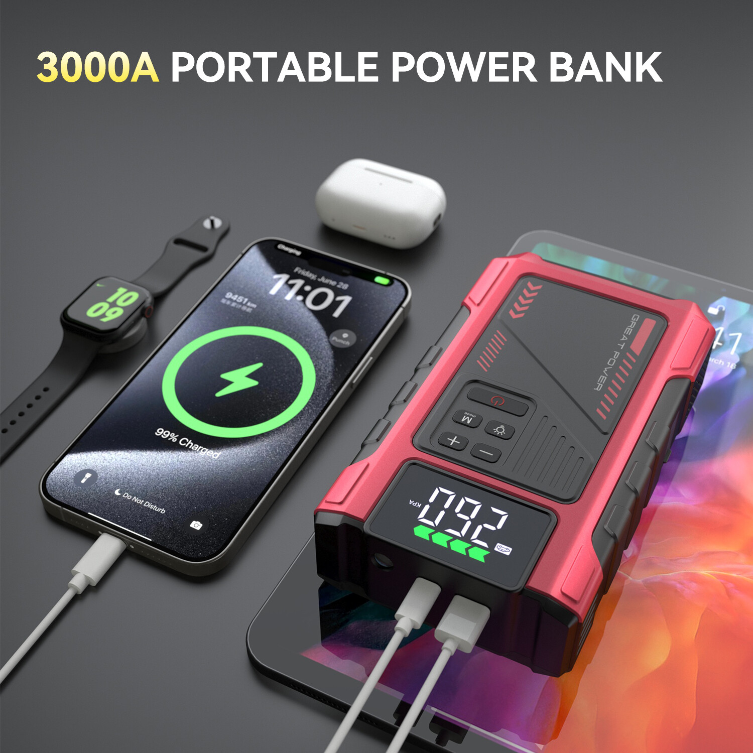 Car Jump Starter with Air Compressor Battery Pack Charger Tire Inflator 7000Amp