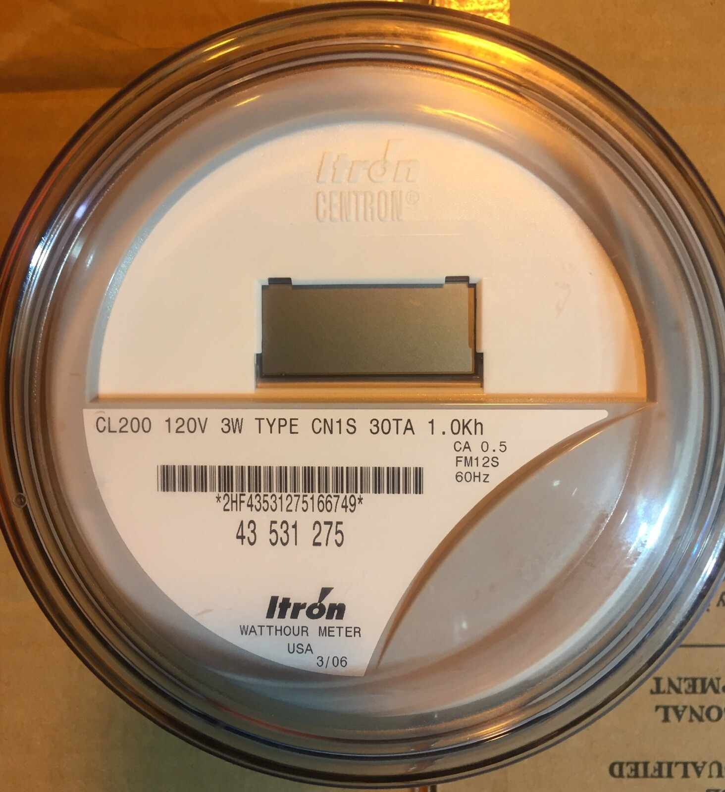 ITRON, WATTHOUR METER (KWH) CN1S, NETWORK, FORM 12S, 200A, 120V, 5 LUGS, 3WIRE