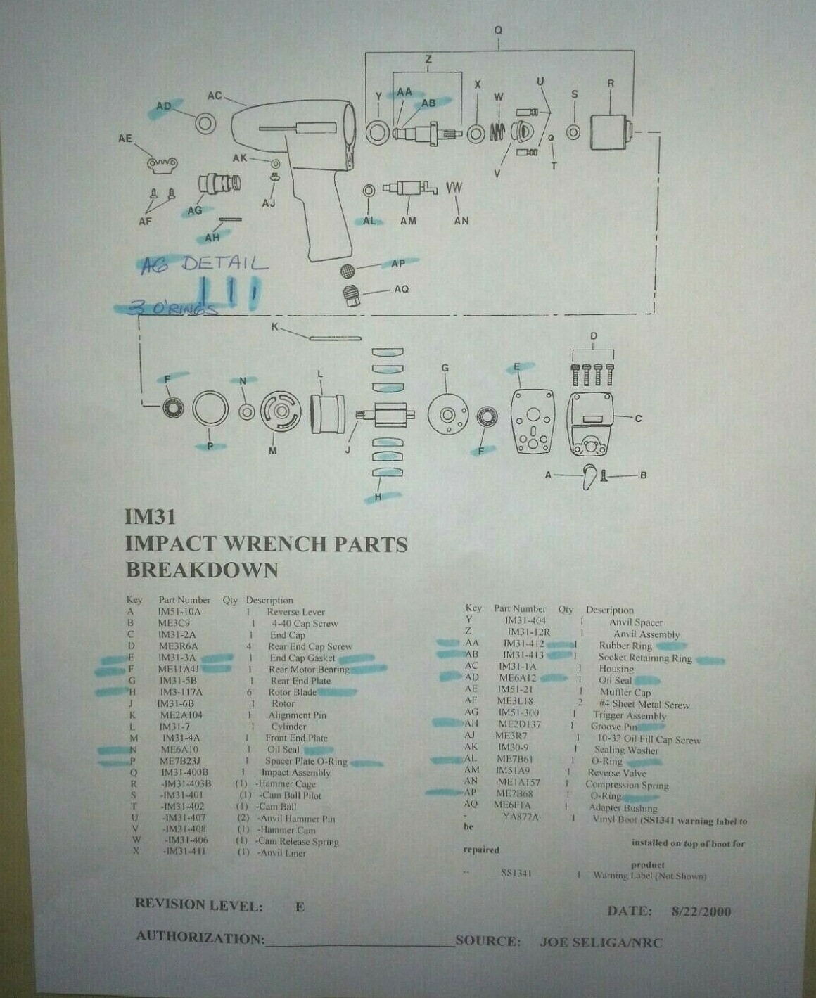 SNAP ON IM31 & IM31A ALL MODELS TUNE UP KIT WITH BEARINGS FOR SNAP ON 3/8" DRIVE