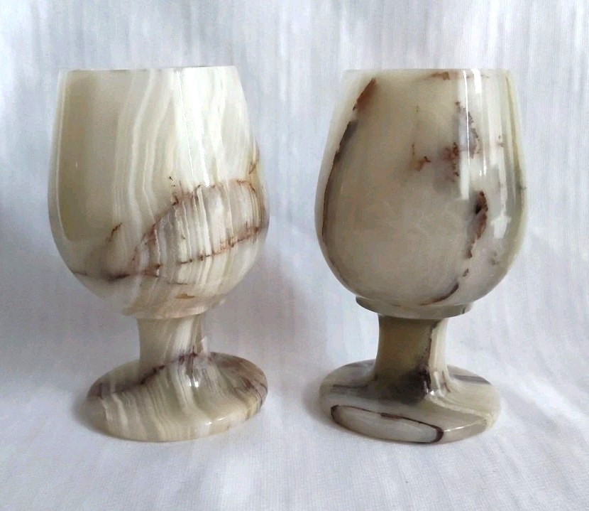6 Polished Onyx Marble Stemmed Natural Stone 5" Wine Sherry Goblets Chalice Case