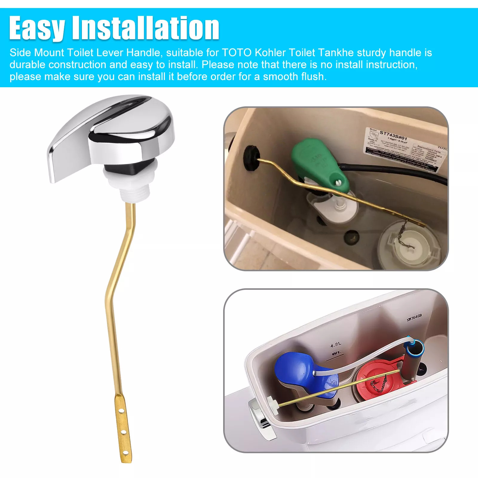 2x Universal Metal Side Mount Toilet Handle Replacement Kit, Brass Toilet Flush