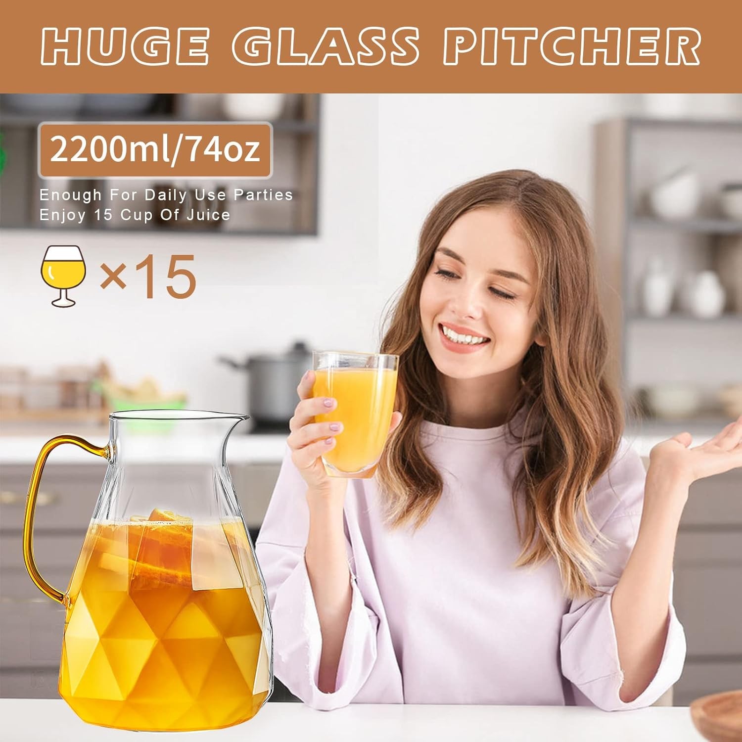 Glass Pitcher, 2.2 Liter Water Pitcher With Lid,Iced Tea Pitcher for Fridge