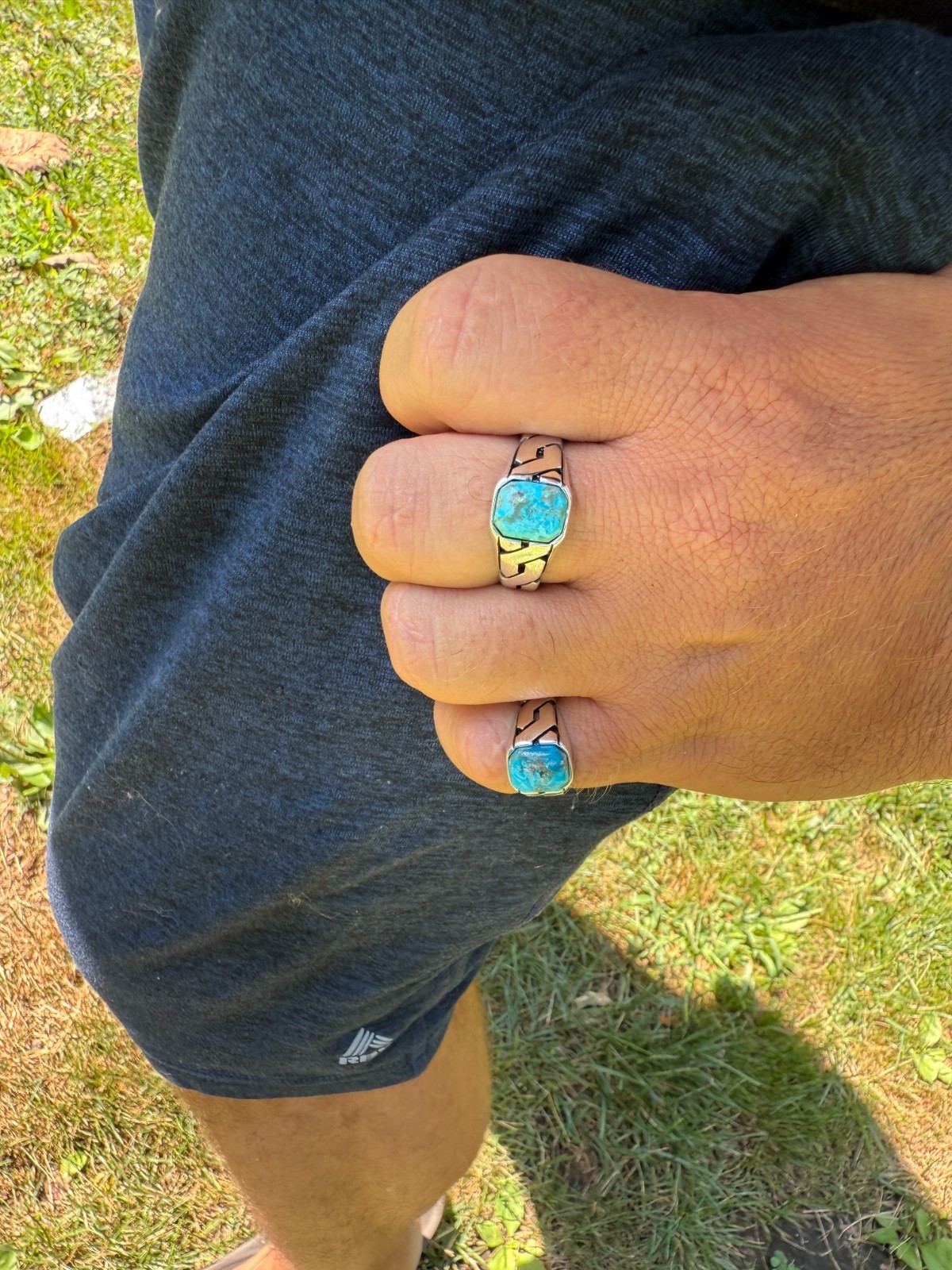 Real Blue Turquoise Gemstone Mens Solid 925 Sterling Silver Cuban Link Ring