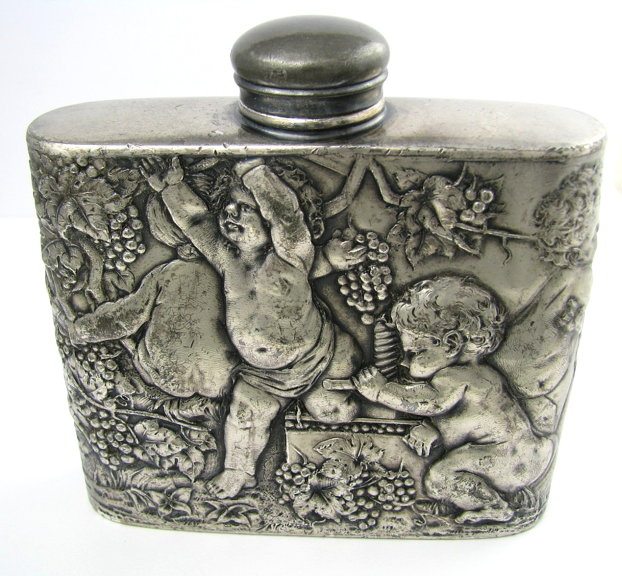 ANTIQUE SILVER PLATED FLASK LIQUOR FLASK Tipsy Cherubs Angels 1870s No Mono Rare