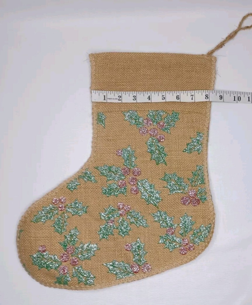 Burlap Christmas Tree Stocking Set Of Two Stockings Glitter Holly Berries Leaves