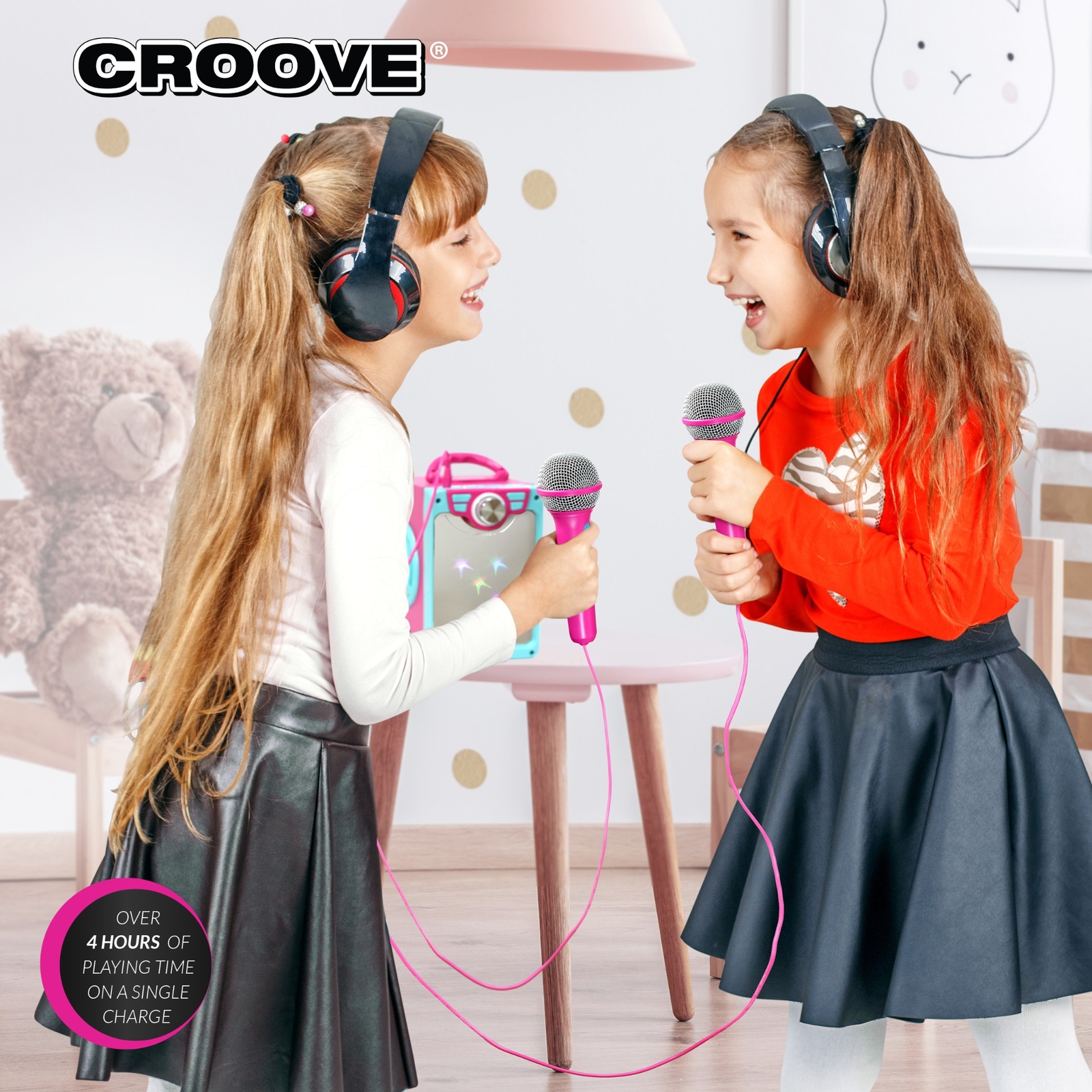Pink Karaoke Machine for Kids with 2 Microphones Bluetooth/AUX/USB Connectivity