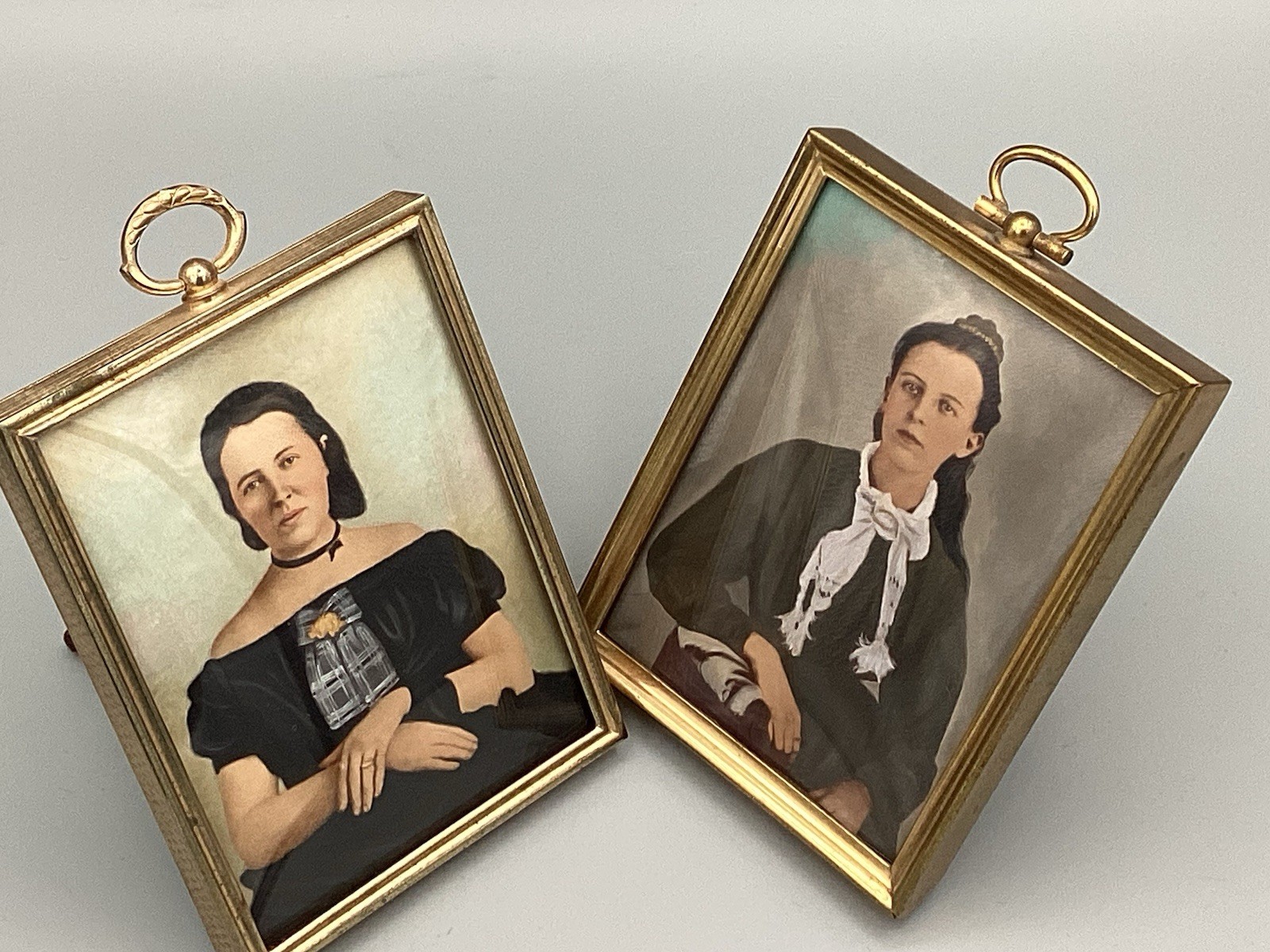 Pair Hand Painted Victorian Portrait Photos Detailed 1890’s Mother Daughter?