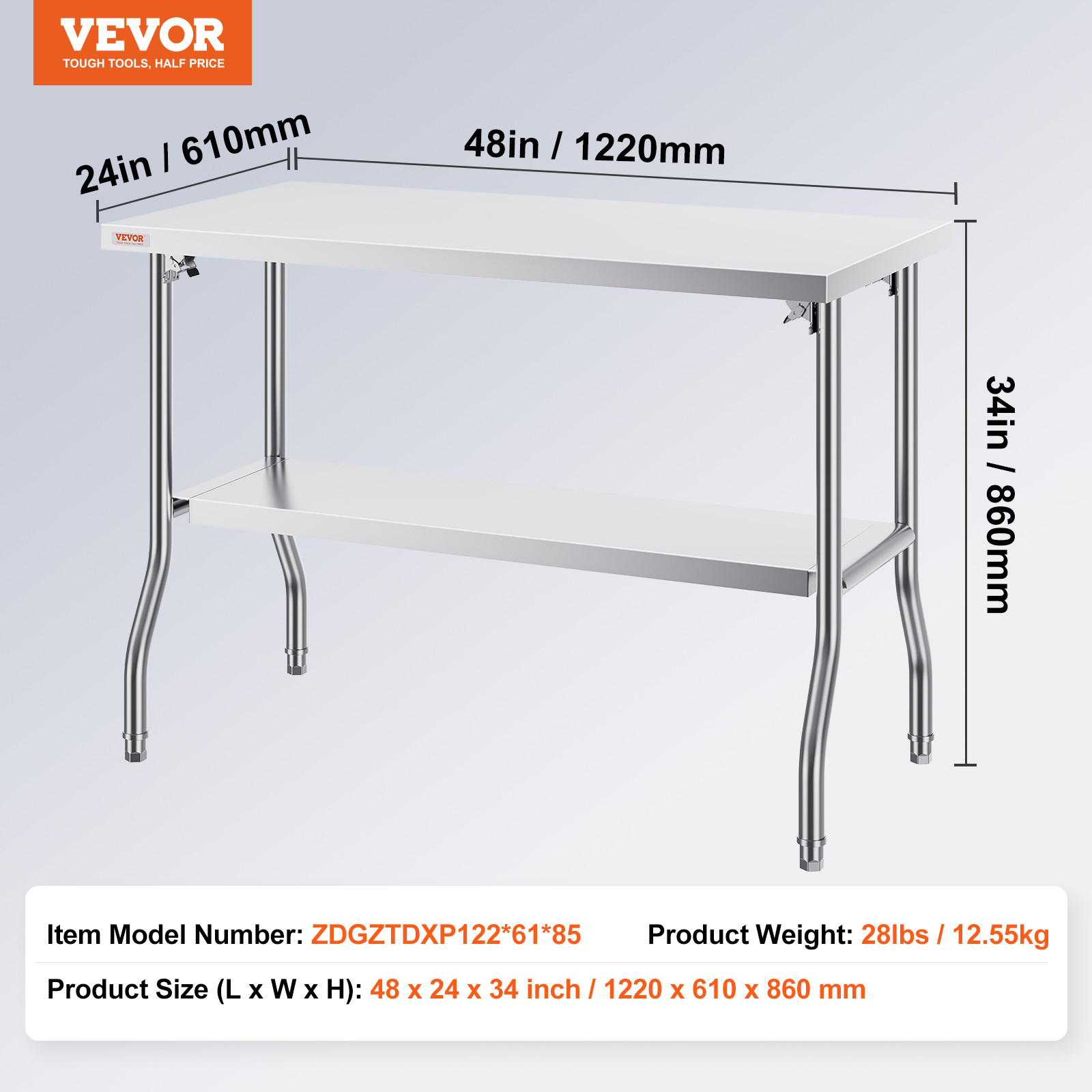 VEVOR Folding Commercial Prep Table Commercial Worktable Workstation 48 x 24 In