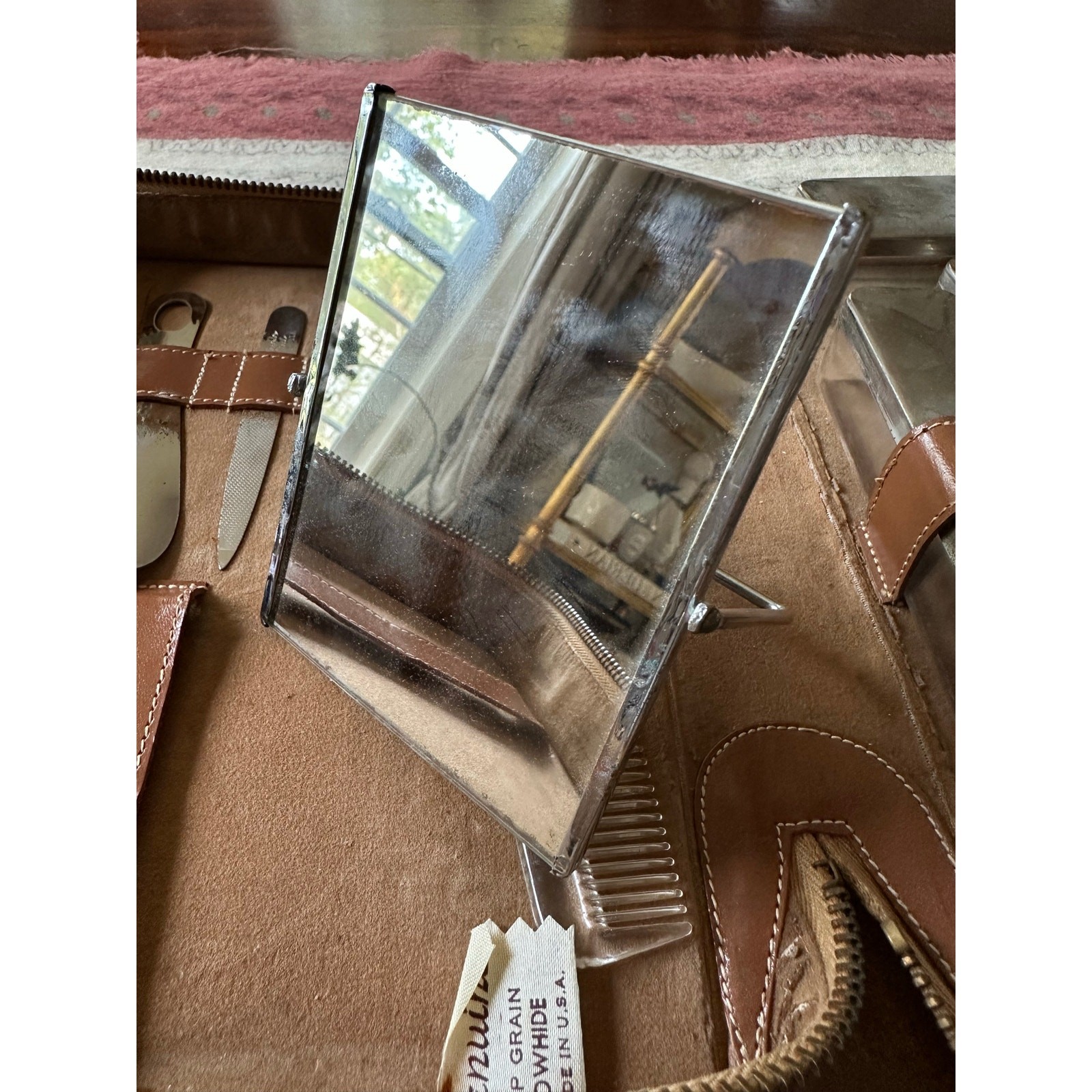 Vintage Men's Travel Grooming Kit Cowhide Leather Case Toiletry Kit USA