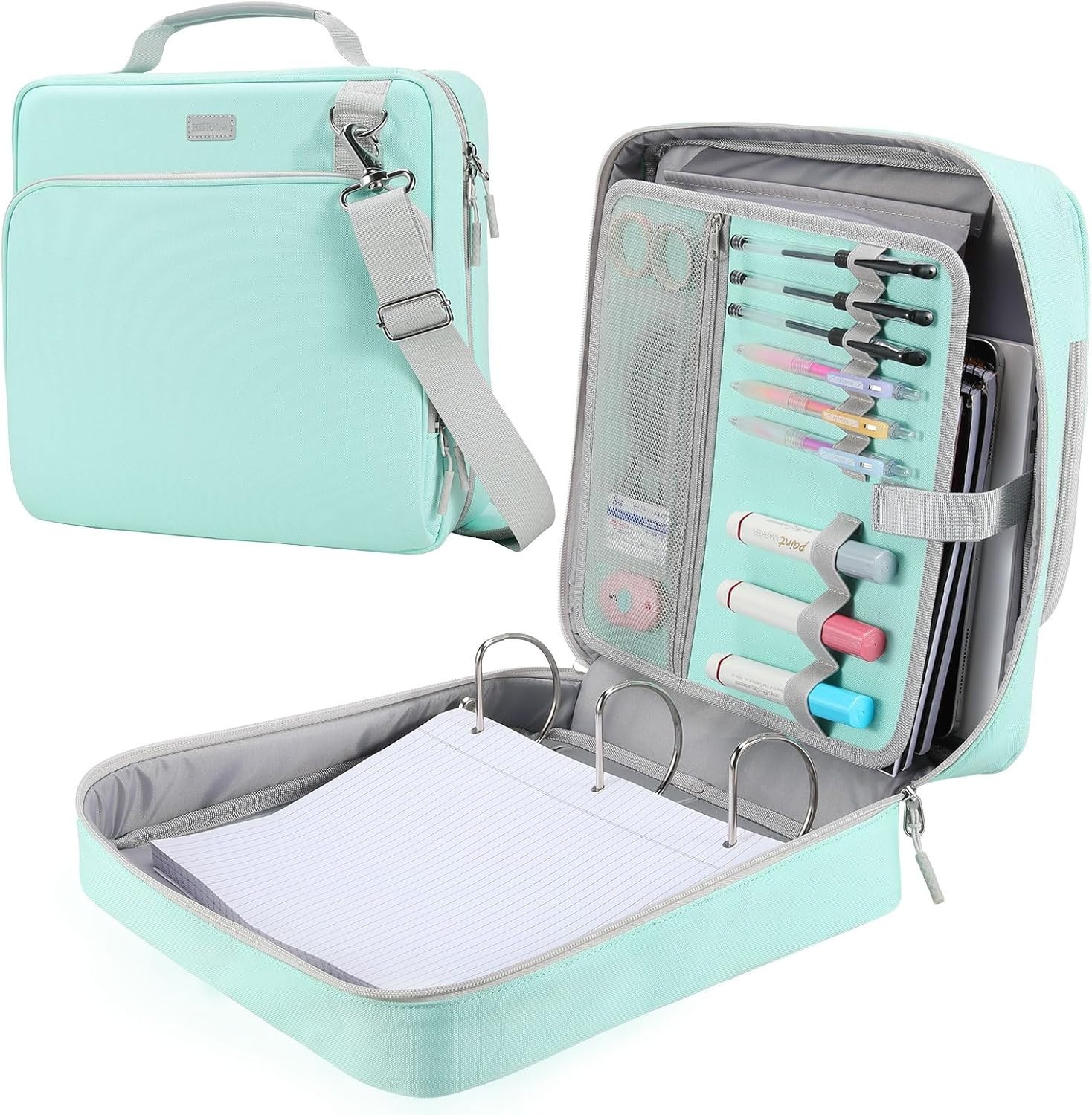 3-Inch D-Ring Zipper Binder With Shoulder Strap, 700 Sheets Capacity Mint Green