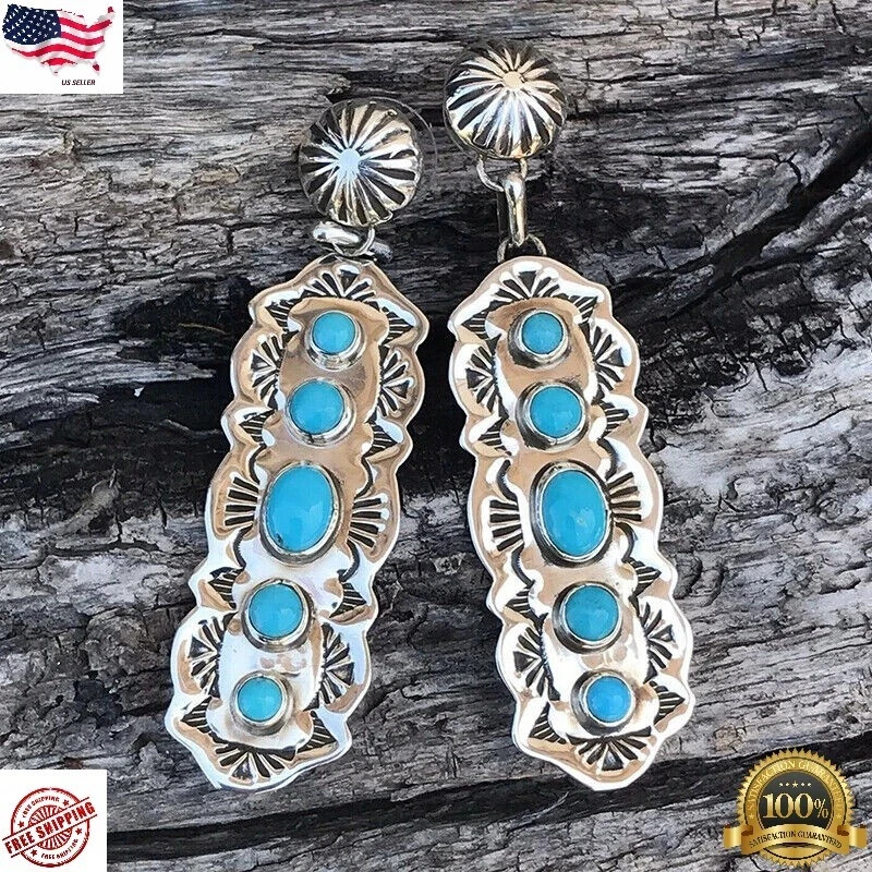 Blue Copper Turquoise Gemstone 925 Solid Silver Elegant Earring 2" Women Jewelry