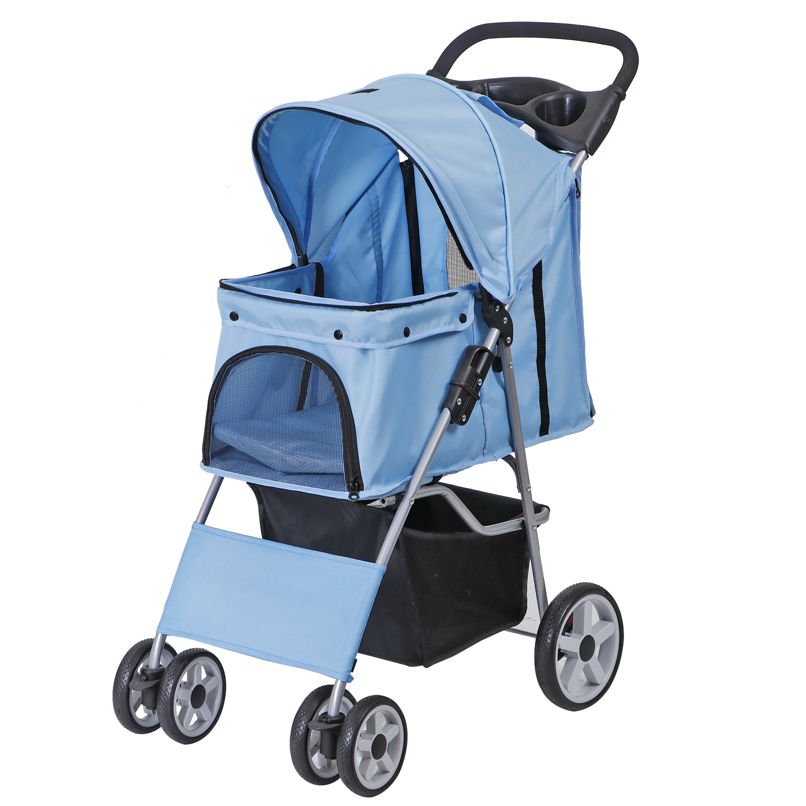 4 Wheels Pet Stroller Portable Dog Stroller w/ Storage Basket & Cup Holder Blue